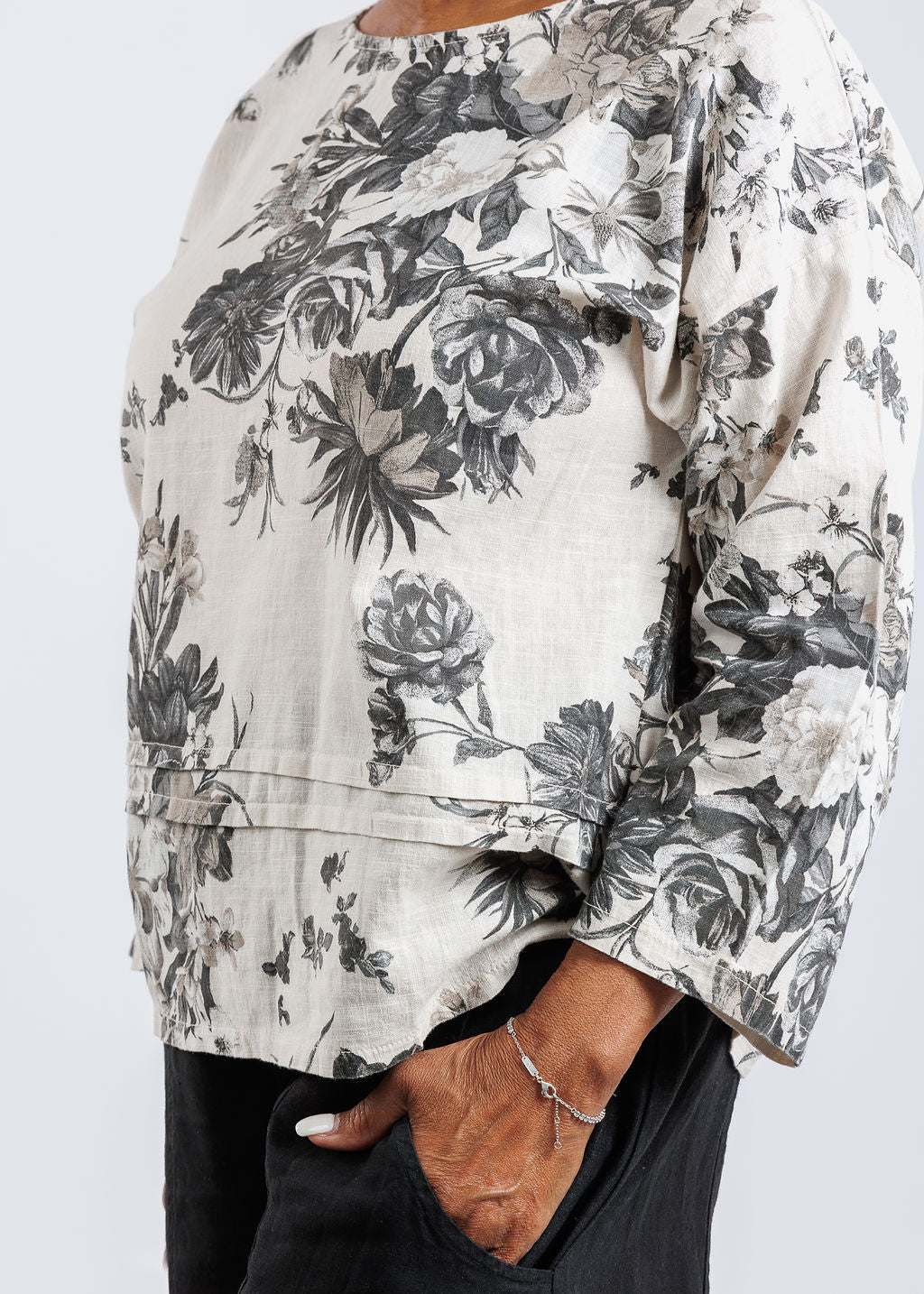 BK Floral Linen 3/4 Sleeve Top in Coconut Blooms available at Barbara Katz