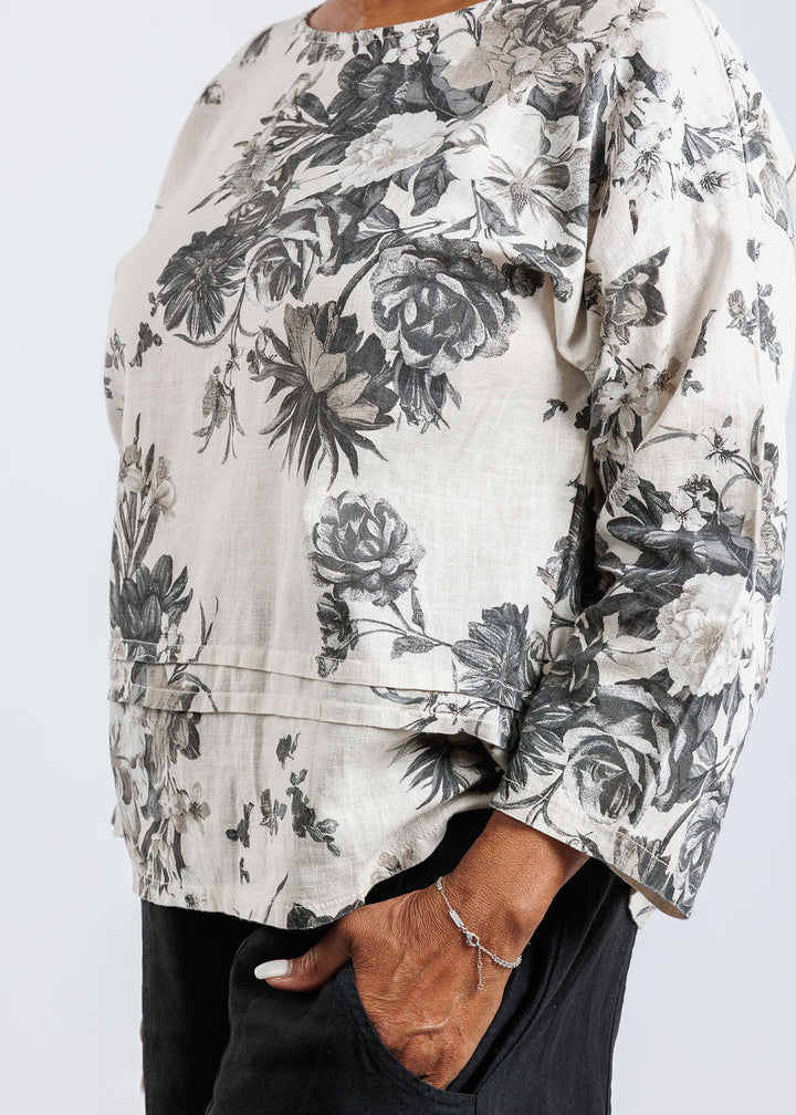 BK Floral Linen 3/4 Sleeve Top in Coconut Blooms available at Barbara Katz