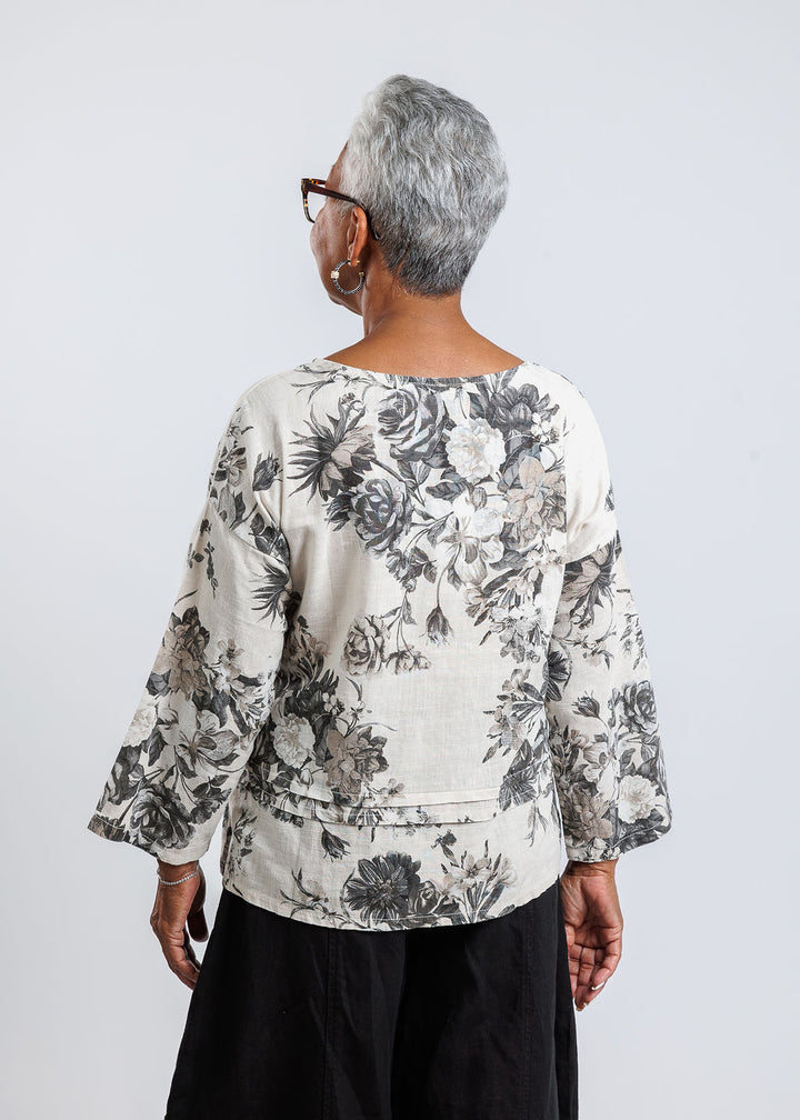 BK Floral Linen 3/4 Sleeve Top in Coconut Blooms available at Barbara Katz
