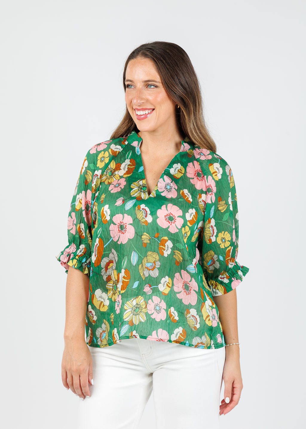 BK Floral Top in Green available at Barbara Katz