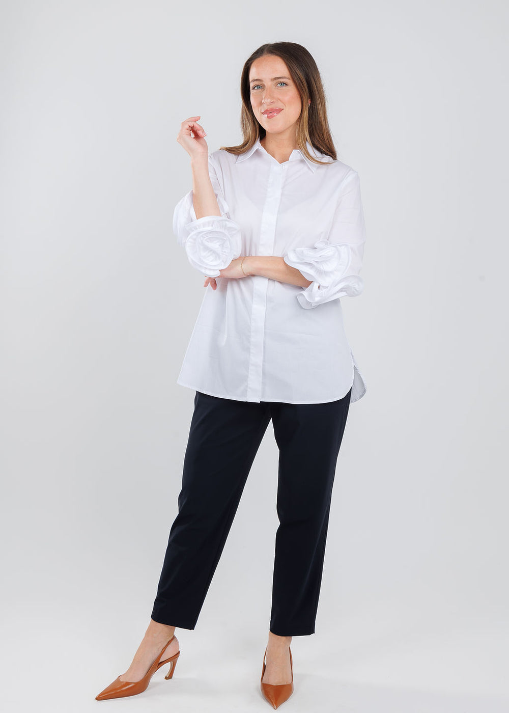 BK Janis App Roses Blouse in White paired with Raffaello Rossi Liliana Pants in Black available at Barbara Katz
