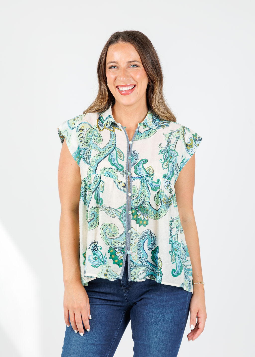 BK Paisley Cap Sleeve Top in Green available at Barbara Katz