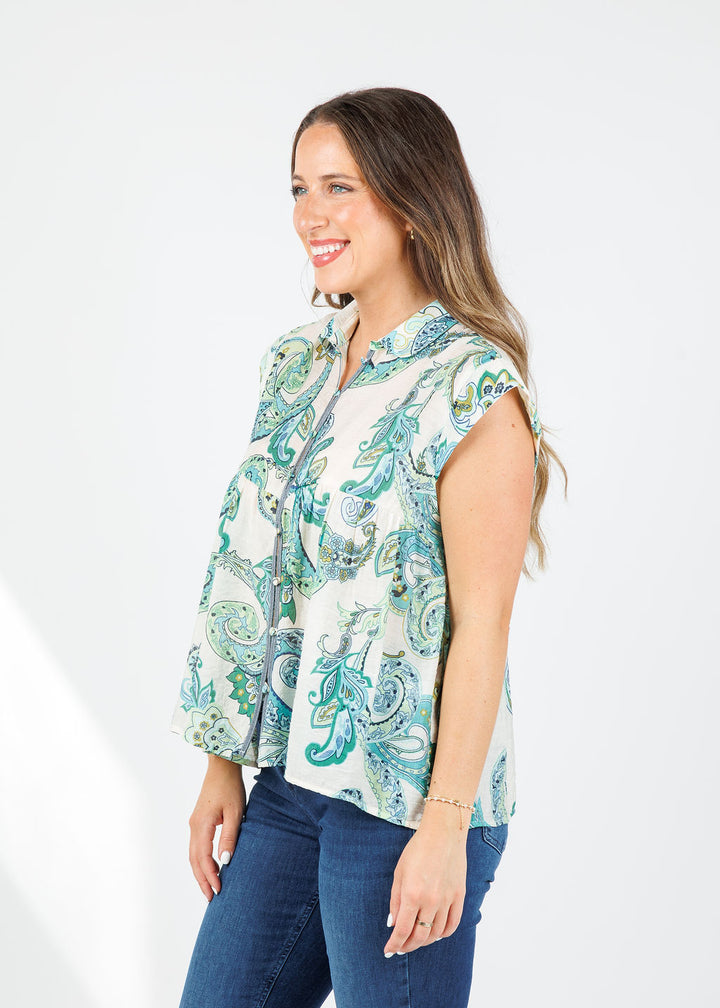 BK Paisley Cap Sleeve Top in Green available at Barbara Katz