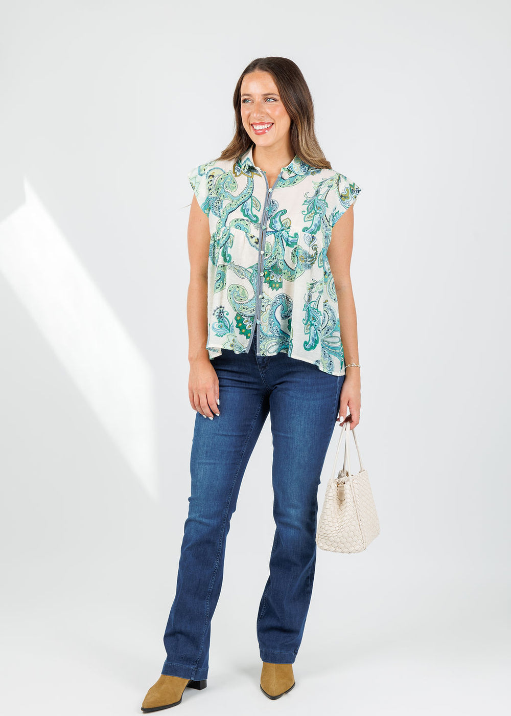 BK Paisley Cap Sleeve Top in Green available at Barbara Katz