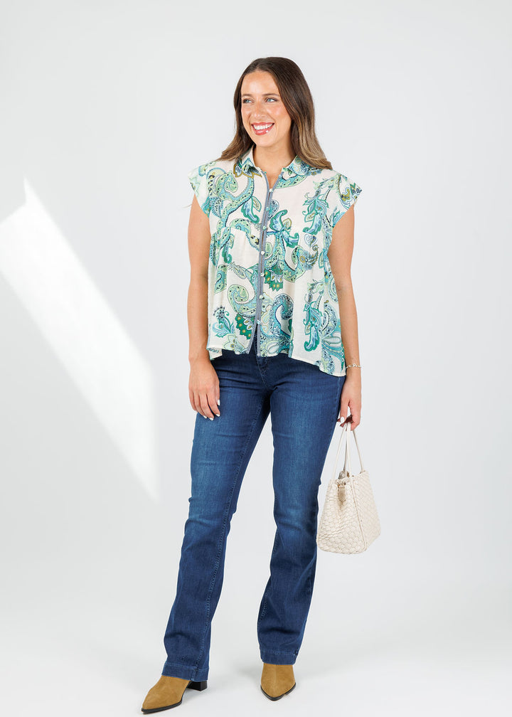 BK Paisley Cap Sleeve Top in Green available at Barbara Katz