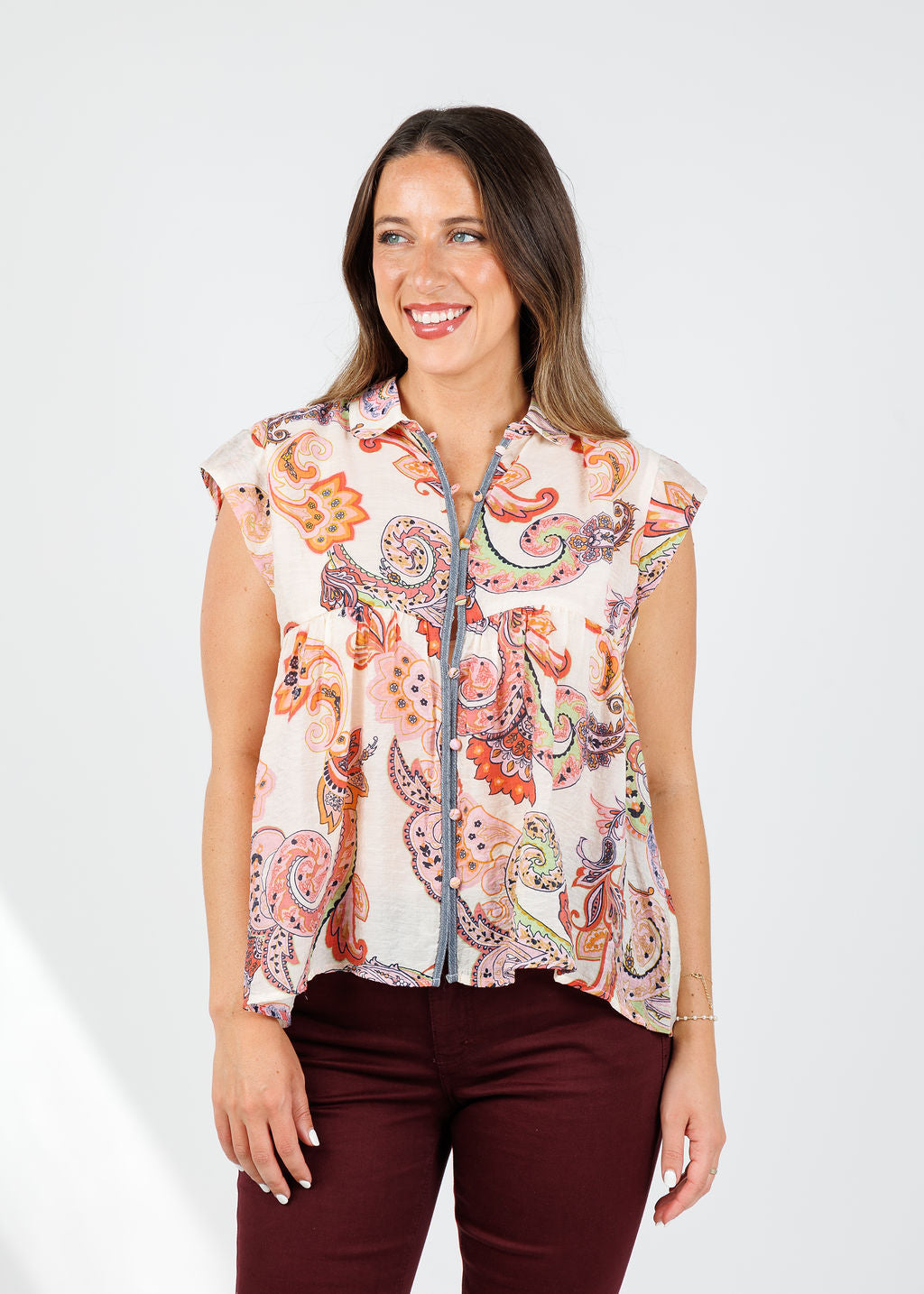 BK Paisley Cap Sleeve Top in Pink available at Barbara Katz