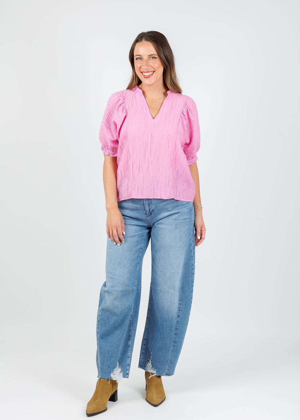 BK Puff Sleeve Top in Pink available at Barbara Katz