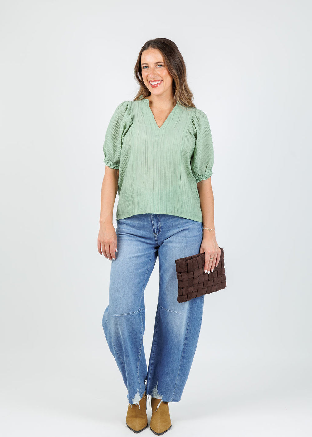 BK Puff Sleeve Top in Sage Green available at Barbara Katz