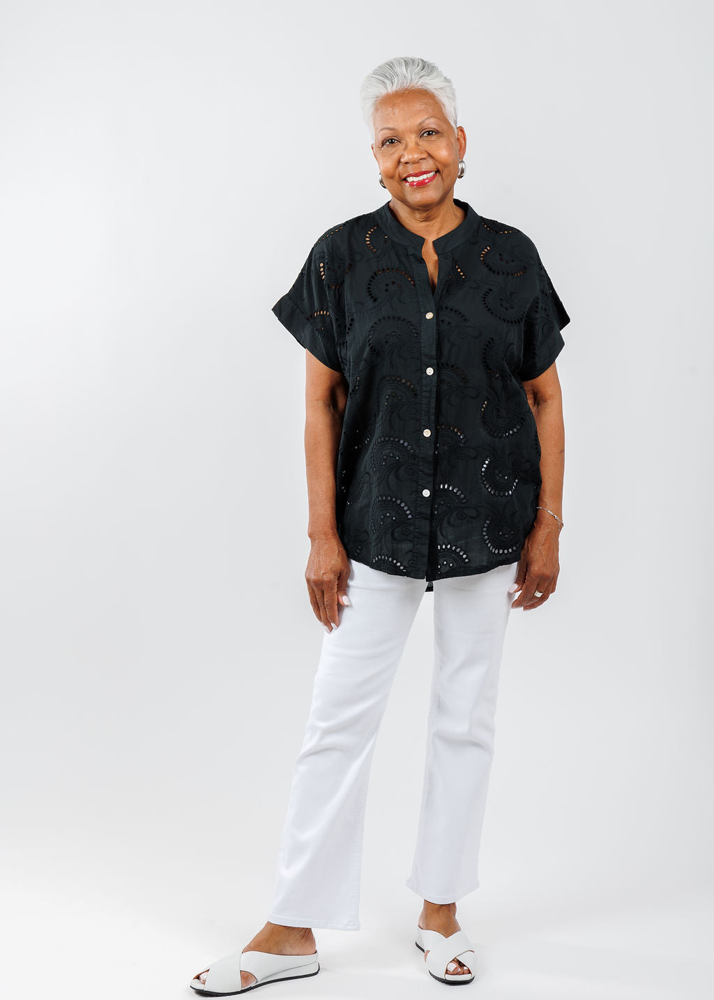BK Short Sleeve Eyelet Shirt in Black available at Barbara Katz