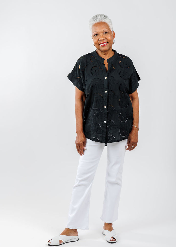 BK Short Sleeve Eyelet Shirt in Black available at Barbara Katz