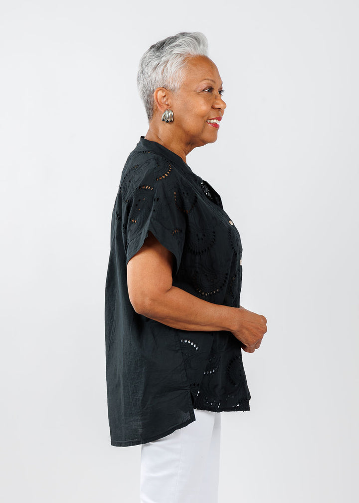 BK Short Sleeve Eyelet Shirt in Black available at Barbara Katz