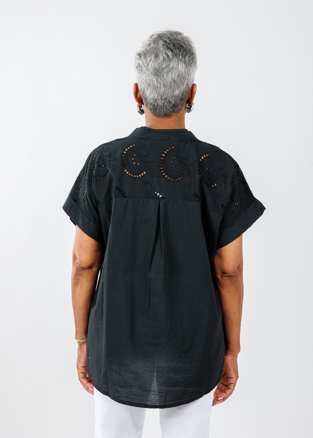 BK Short Sleeve Eyelet Shirt in Black available at Barbara Katz