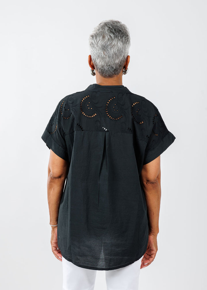 BK Short Sleeve Eyelet Shirt in Black available at Barbara Katz