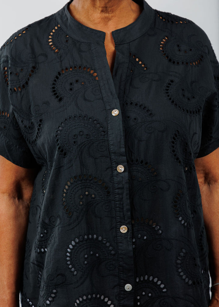 BK Short Sleeve Eyelet Shirt in Black available at Barbara Katz