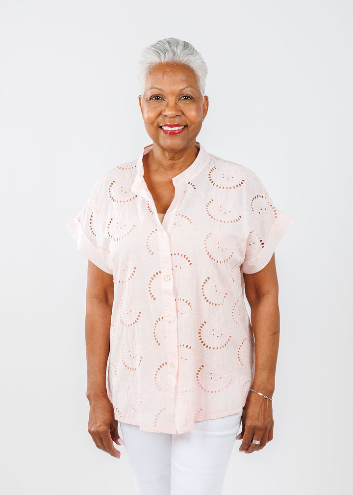BK Short Sleeve Eyelet Shirt in Blush available at Barbara Katz