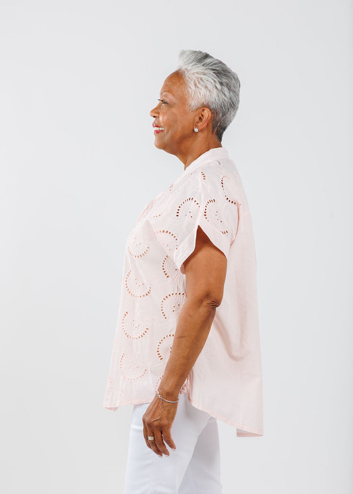 BK Short Sleeve Eyelet Shirt in Blush available at Barbara Katz