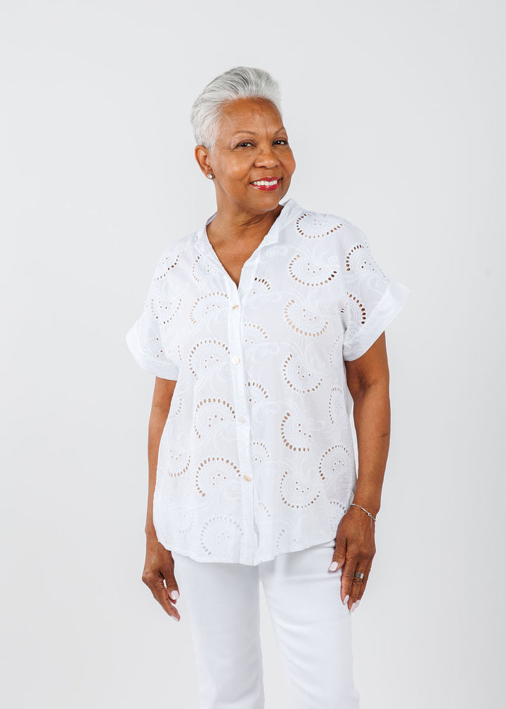 BK Short Sleeve Eyelet Shirt in White available at Barbara Katz