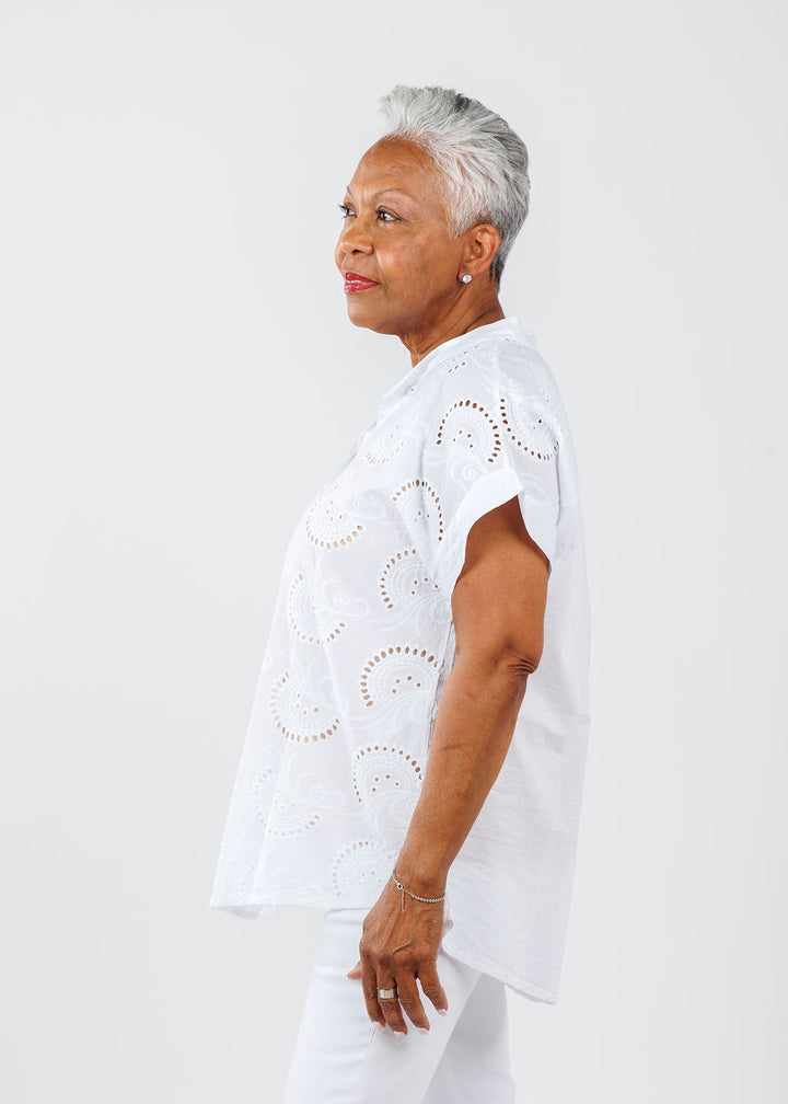 BK Short Sleeve Eyelet Shirt in White available at Barbara Katz