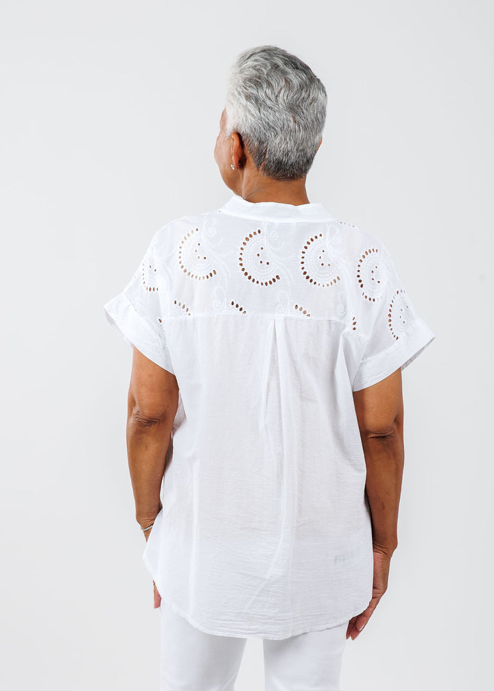 BK Short Sleeve Eyelet Shirt in White available at Barbara Katz