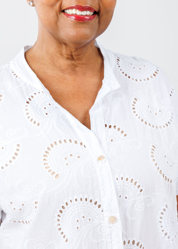 BK Short Sleeve Eyelet Shirt in White available at Barbara Katz