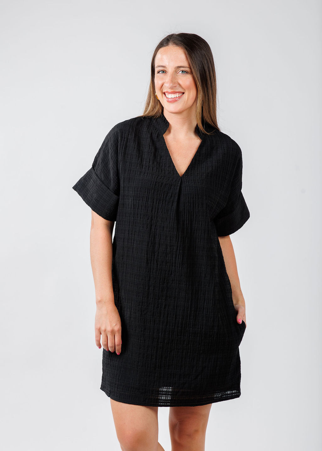 BK Textured Short Sleeve Dress in Black available at Barbara Katz