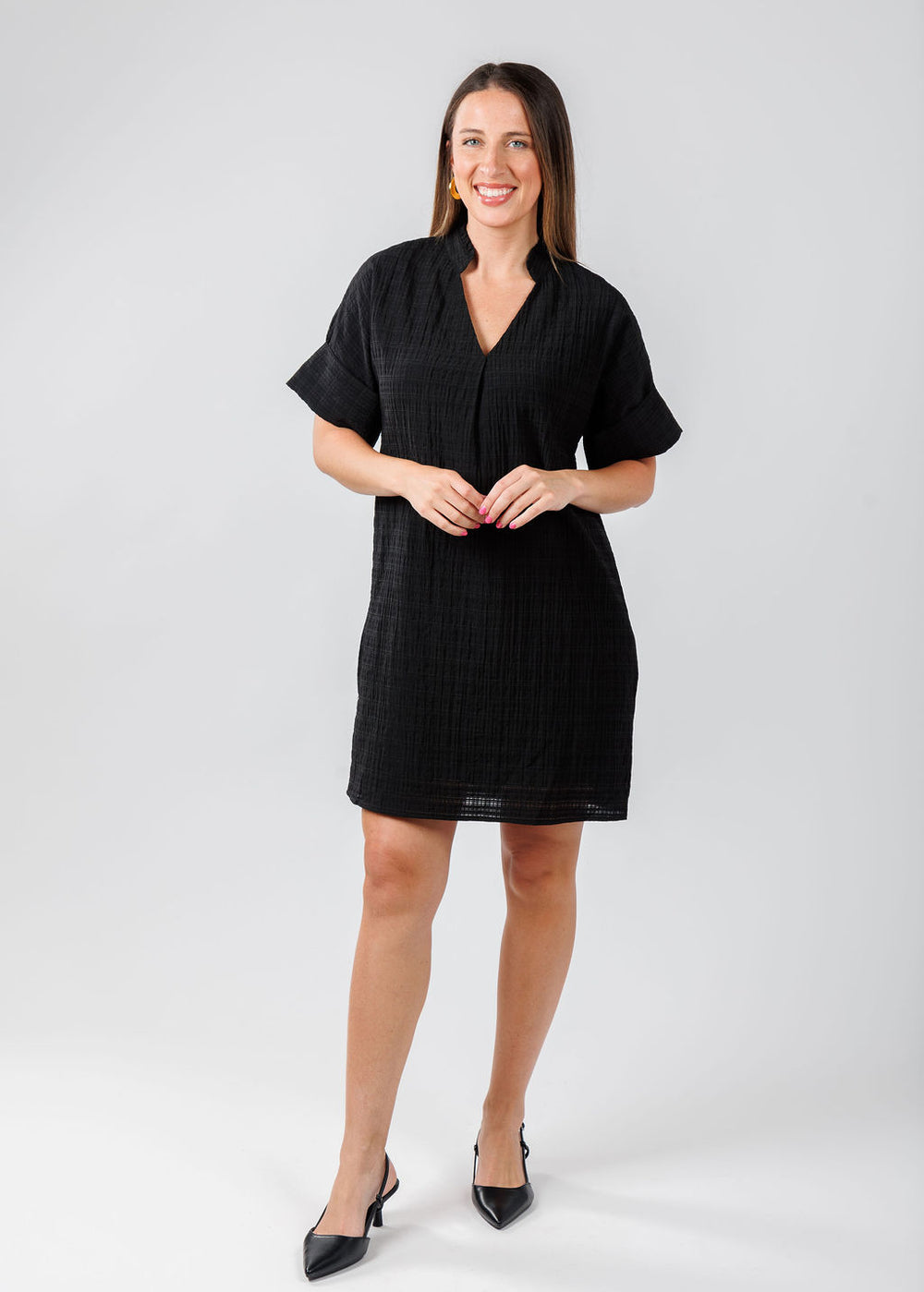 BK Textured Short Sleeve Dress in Black available at Barbara Katz