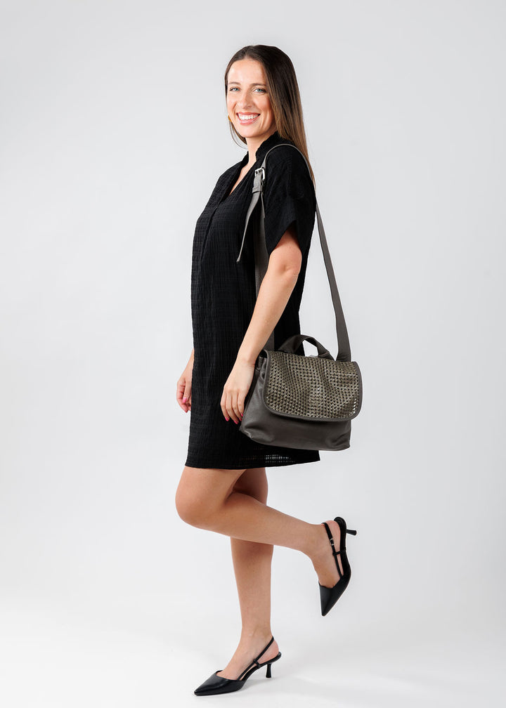BK Textured Short Sleeve Dress in Black  with Danielle Lehavi Alba Messenger Bag in Grey available at Barbara Katz