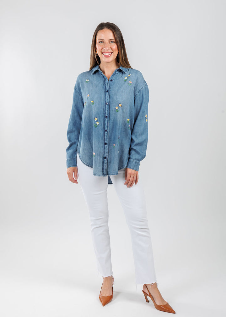 BK Vintage Embroidered Denim Shirt paired with Mother Denim The Hustler Ankle Fray Jeans in Fairest of Them All available at Barbara Katz