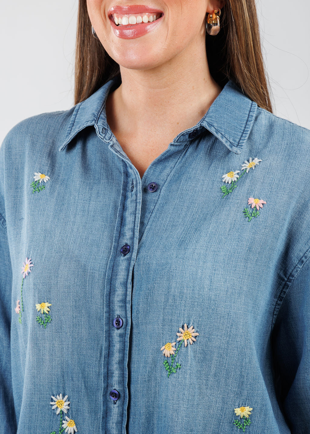 BK Vintage Embroidered Button Down Denim Shirt vailable at Barbara Katz