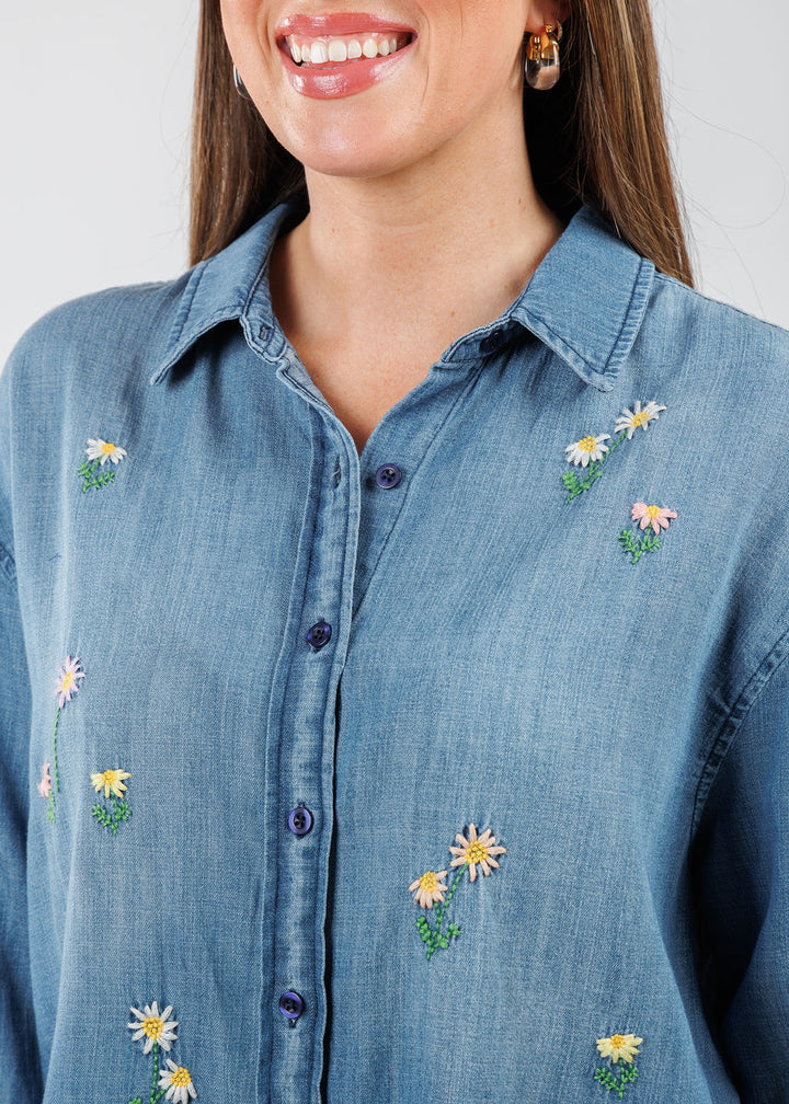 BK Vintage Embroidered Button Down Denim Shirt vailable at Barbara Katz