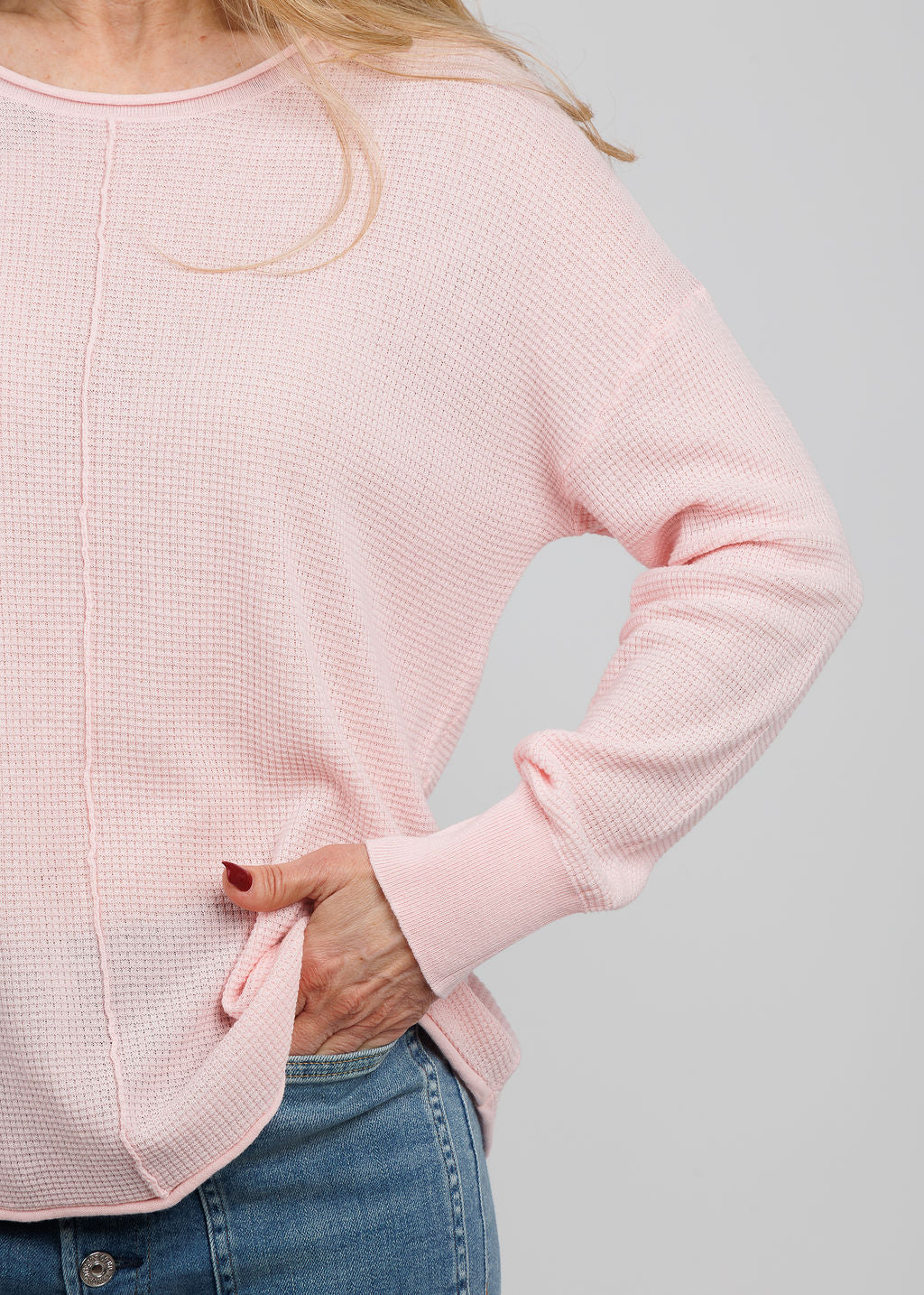 BK Waffle Seam Crew Sweater in Petal available at Barbara Katz