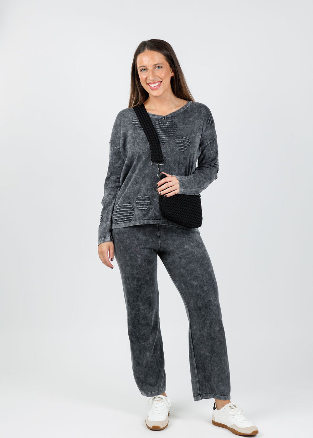 BK Amelia Puff Heart Sweater in Charcoal paired with matching BK Amelia Sweatpants in Charcoal available at Barbara Katz