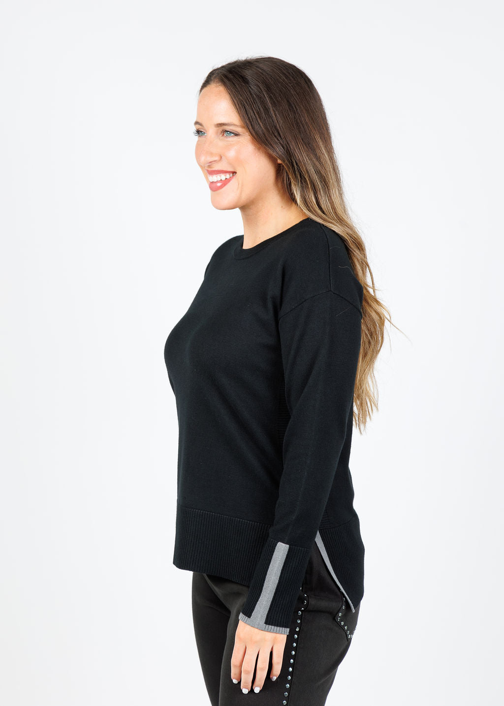 BK Claudia Color Block Crew Sweater in Black/Grey available at Barbara Katz