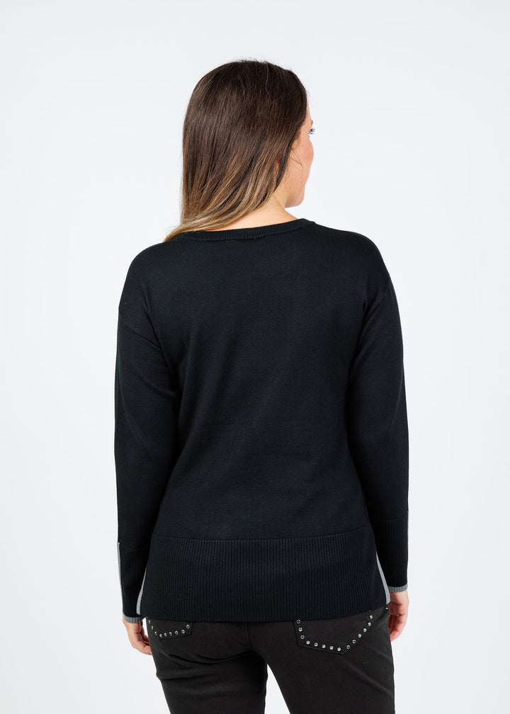BK Claudia Color Block Crew Sweater in Black/Grey available at Barbara Katz