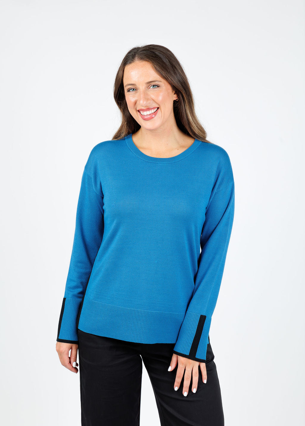 BK Claudia Color Block Crew Sweater in Indigo/Black available at Barbara Katz