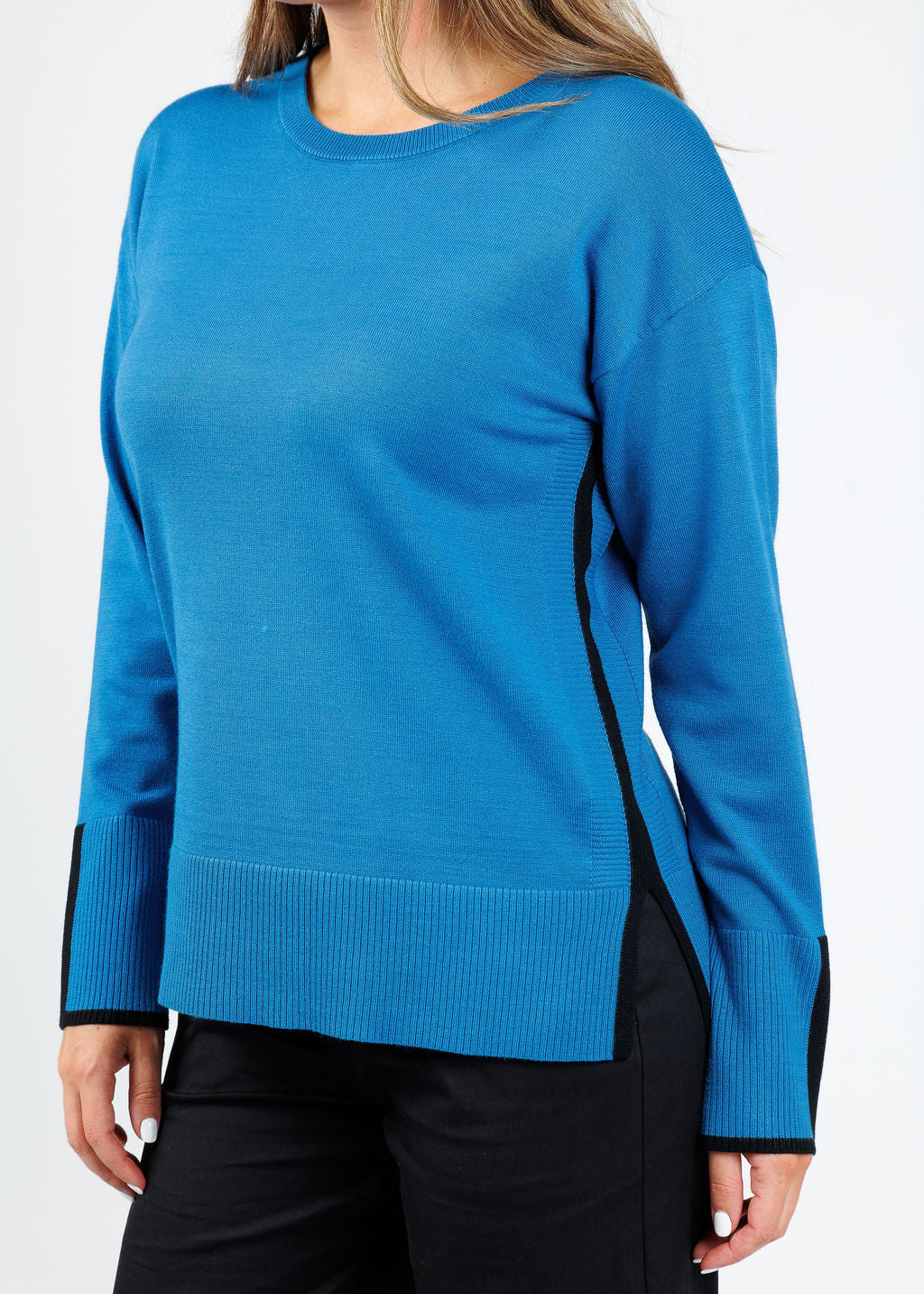 BK Claudia Color Block Crew Sweater in Indigo/Black available at Barbara Katz