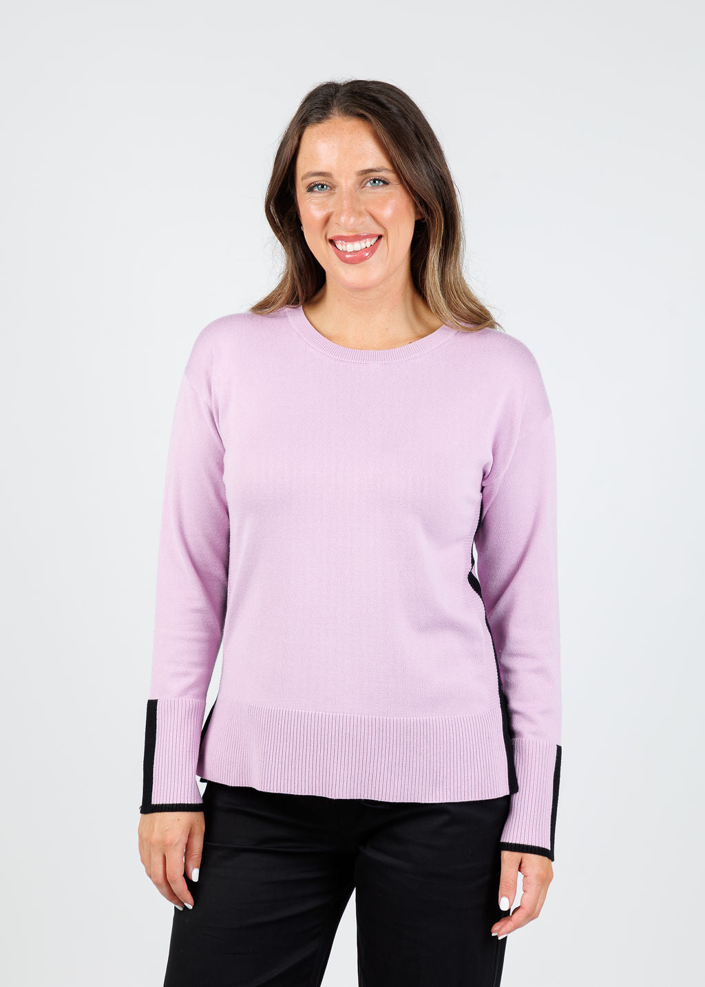 BK Claudia Color Block Crew Sweater in Lilac/Black available at Barbara Katz