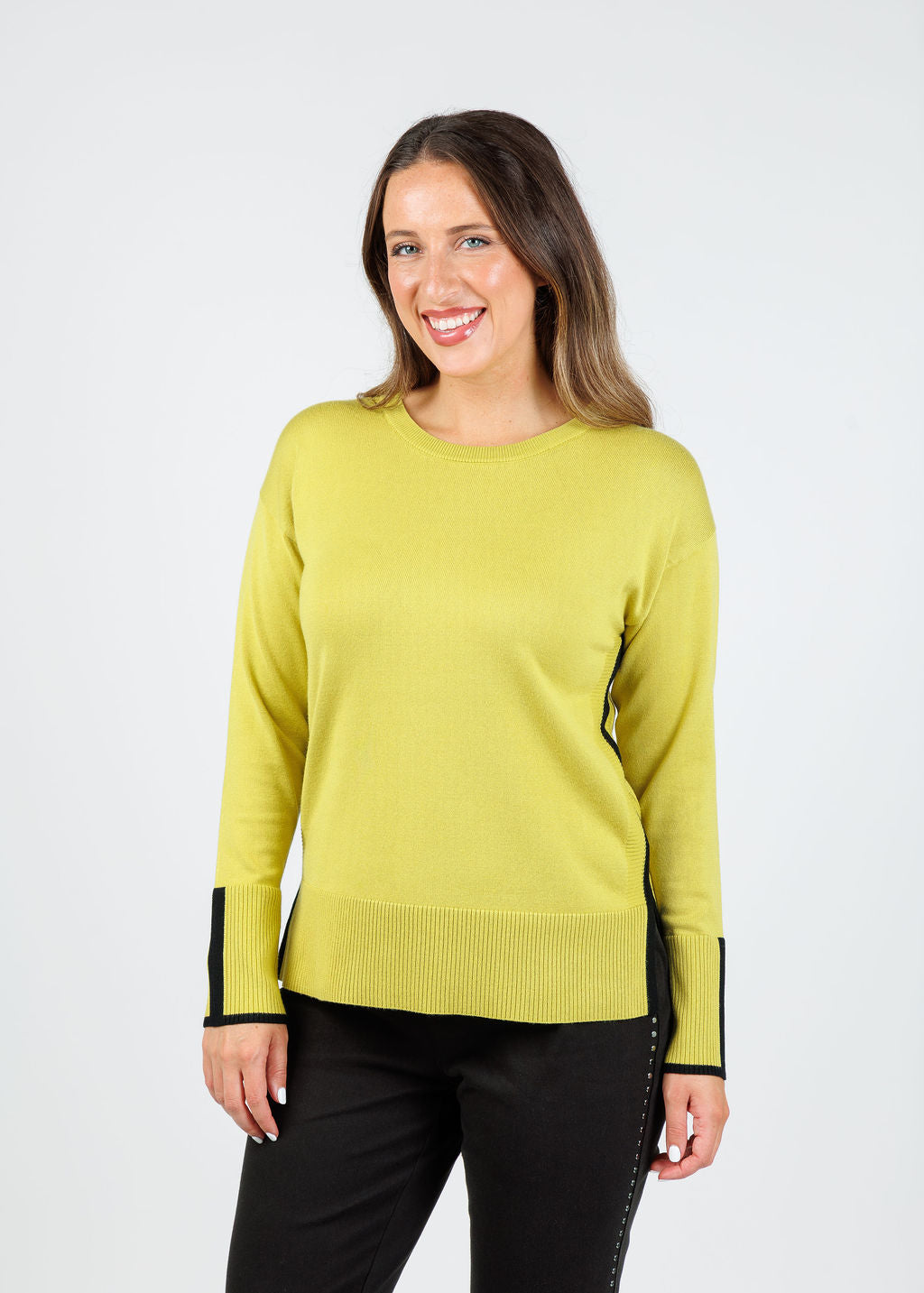 BK Claudia Color Block Crew Sweater in Olive Green/Black available at Barbara Katz