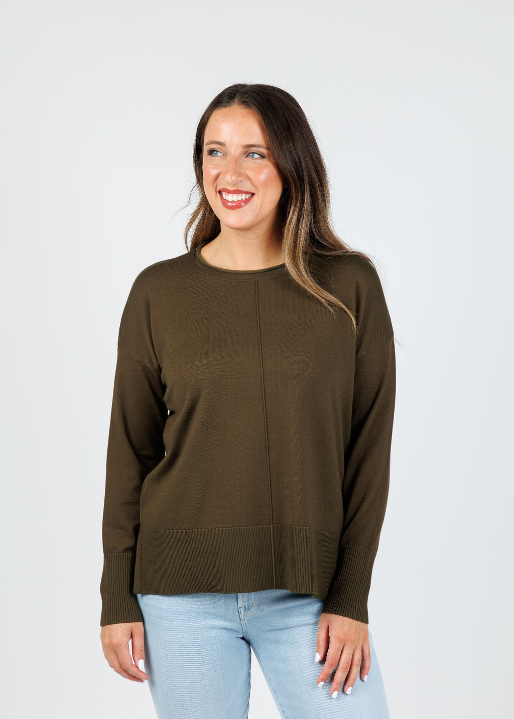 BK Crissy Center Seam Sweater in Olive Night available at Barbara Katz