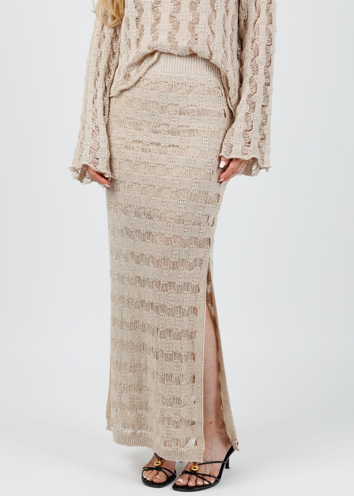 BK Crochet Knit Side Slit Midi Skirt in Oatmeal available at Barbara Katz