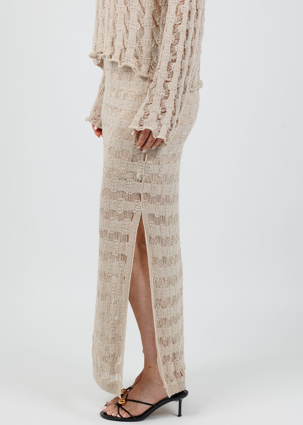 BK Crochet Knit Side Slit Midi Skirt in Oatmeal available at Barbara Katz