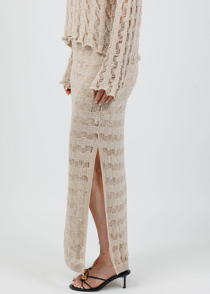 BK Crochet Knit Side Slit Midi Skirt in Oatmeal available at Barbara Katz