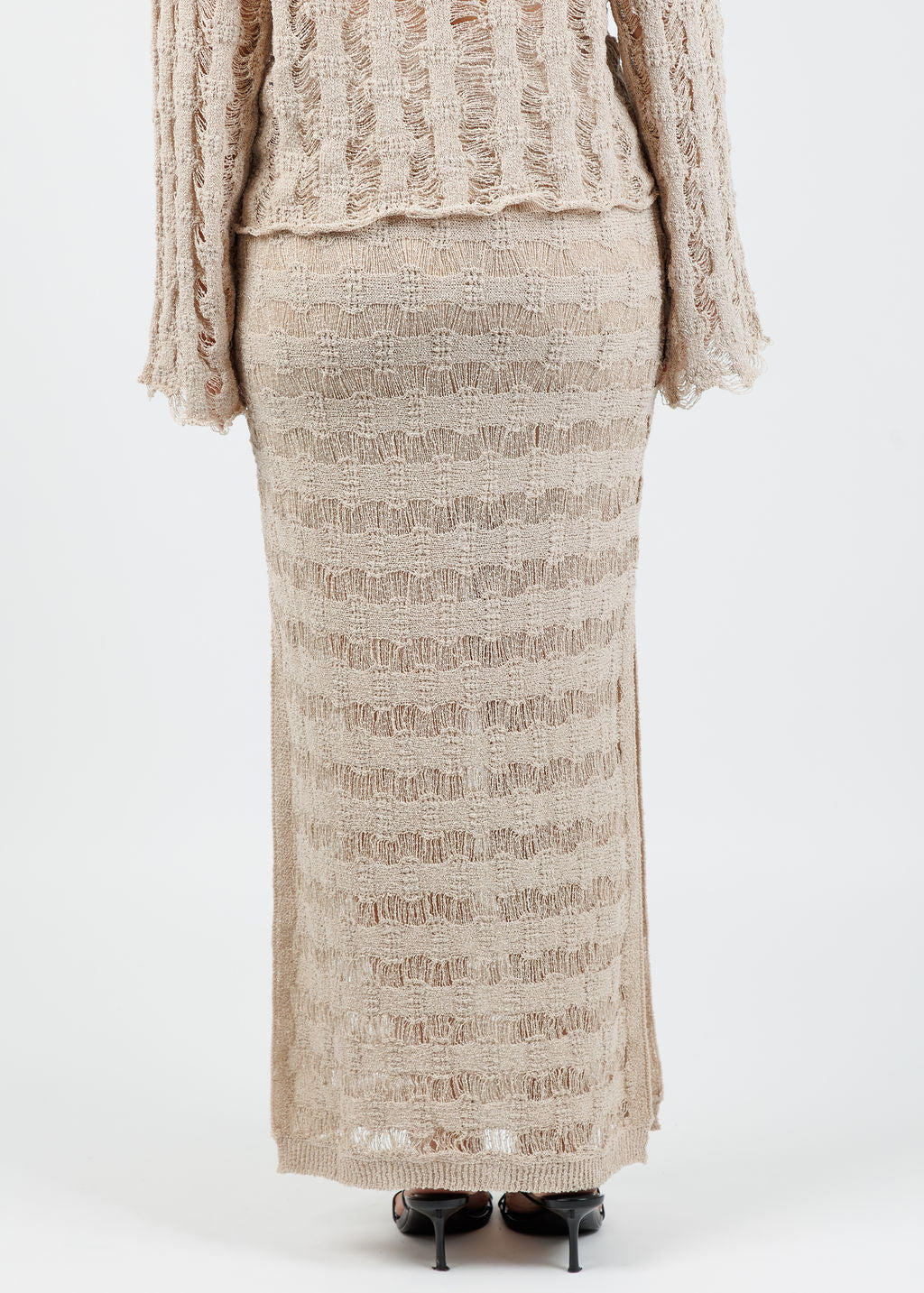 BK Crochet Knit Side Slit Midi Skirt in Oatmeal available at Barbara Katz