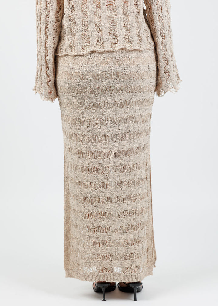 BK Crochet Knit Side Slit Midi Skirt in Oatmeal available at Barbara Katz