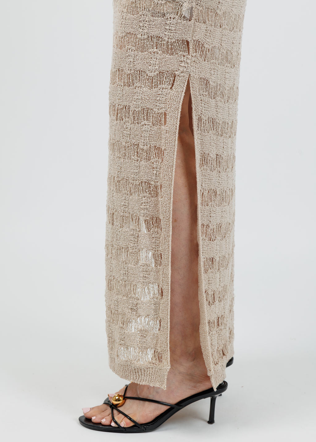 BK Crochet Knit Side Slit Midi Skirt in Oatmeal available at Barbara Katz