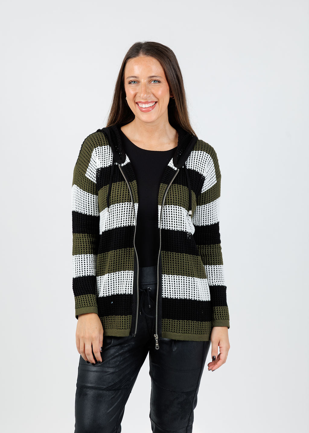 BK Jade Mesh Zip Hoodie in Black/Army available at Barbara Katz