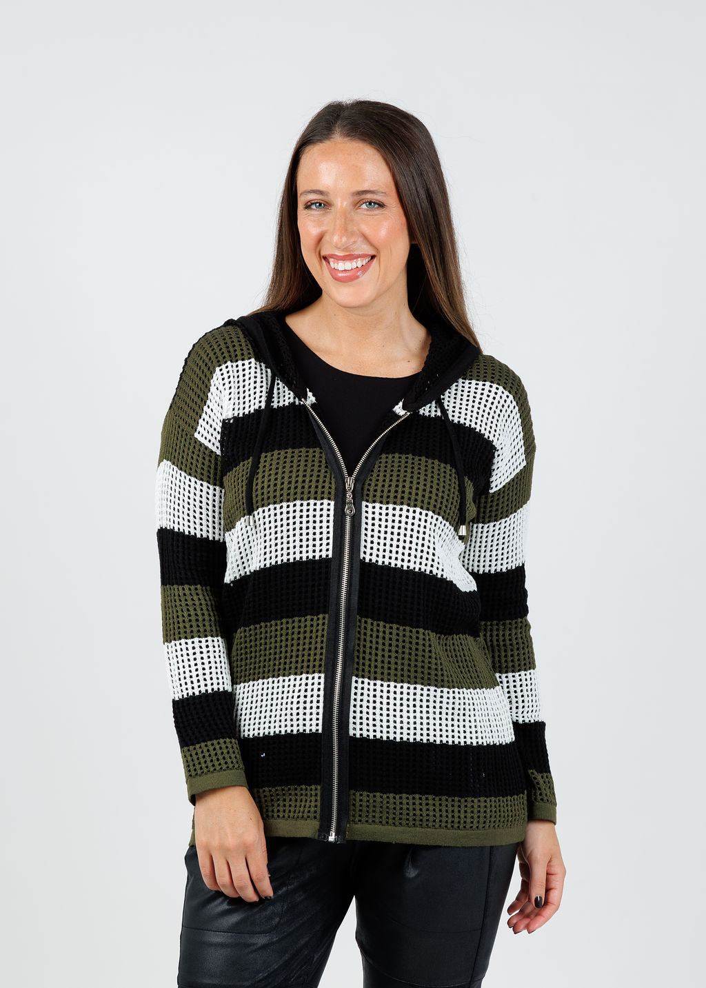 BK Jade Mesh Zip Hoodie in Black/Army available at Barbara Katz