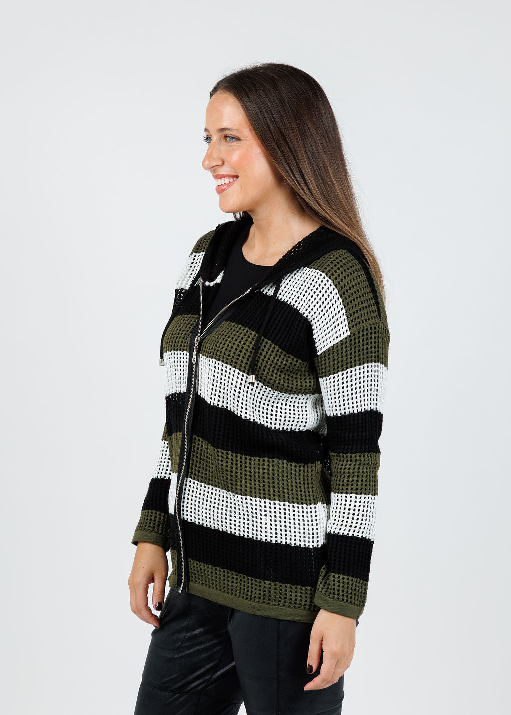 BK Jade Mesh Zip Hoodie in Black/Army available at Barbara Katz