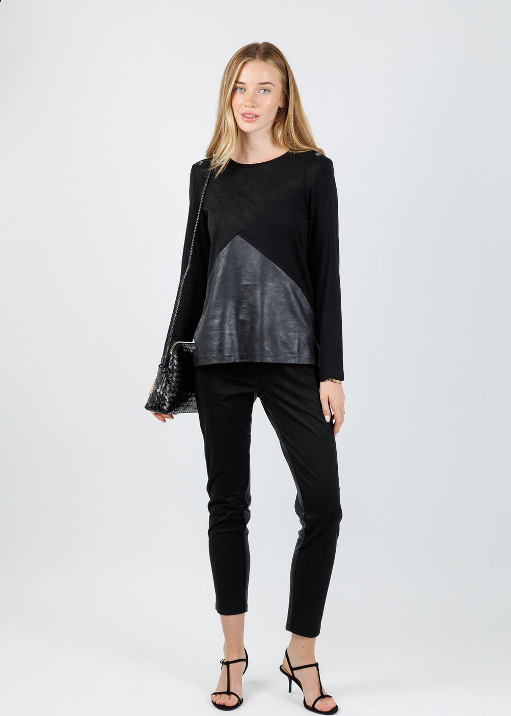 BK Leather Suede Combo Top in Black paired with BK Madison Suede Pants in Black available at Barbara Katz