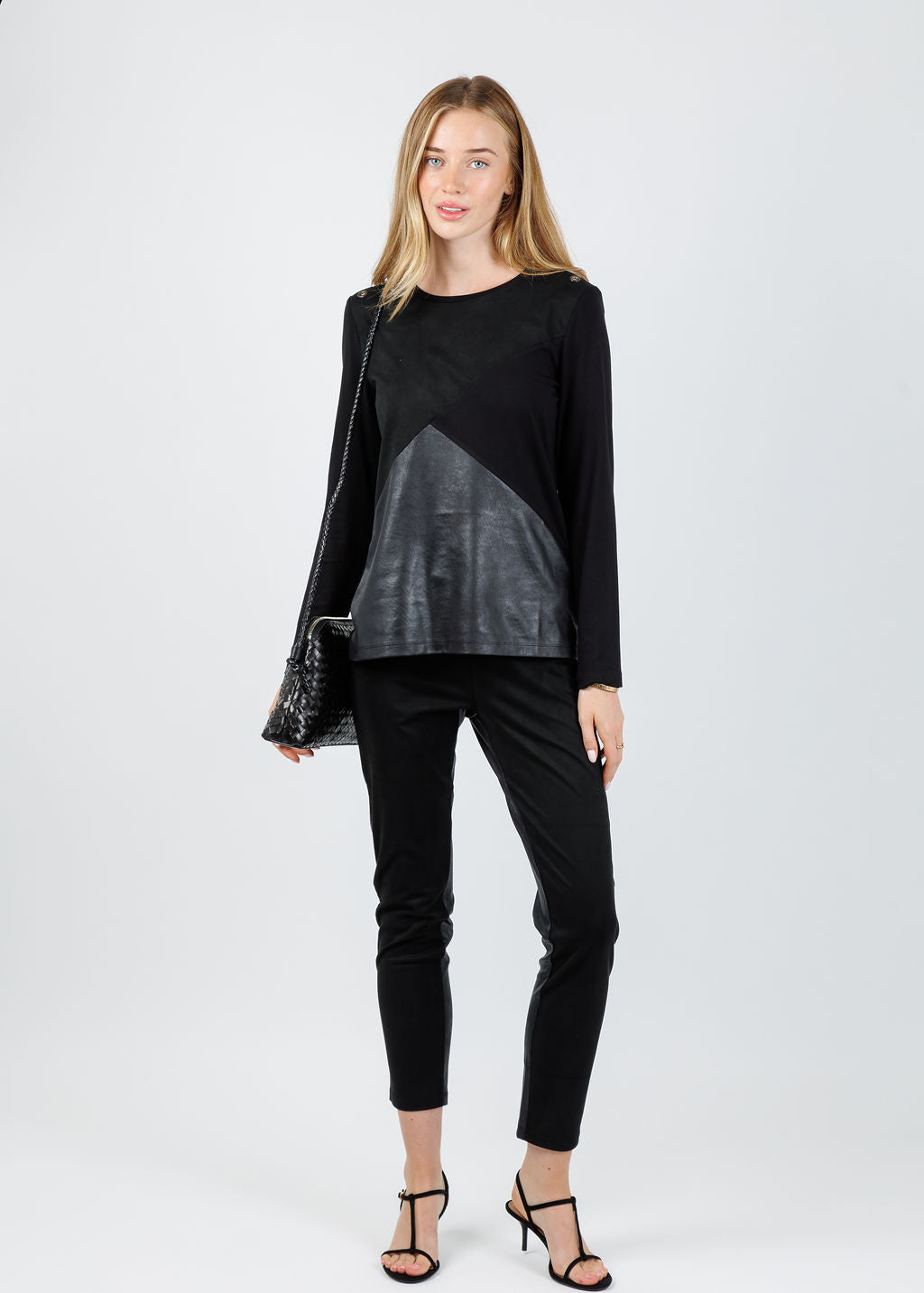 BK Leather Suede Combo Top in Black paired with BK Madison Suede Pants in Black available at Barbara Katz